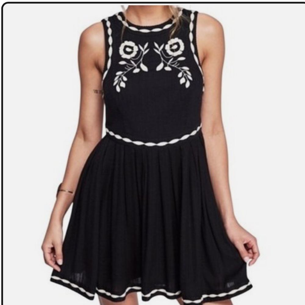 Free People Black Dress with White Floral Embroidery Size 0